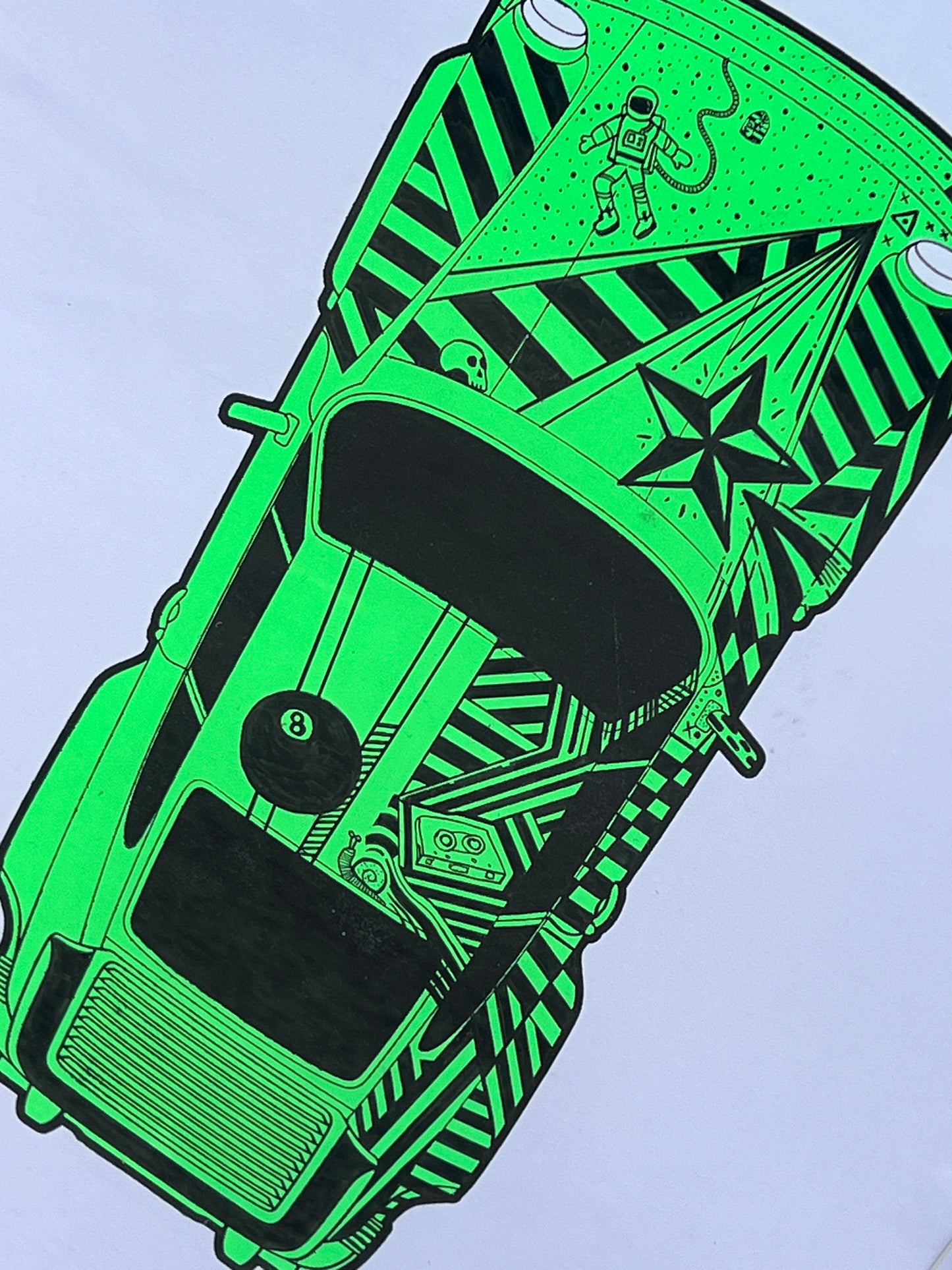 Porsche 911 Turbo - Screen Print Fluorescent Green with Chunky Line Art