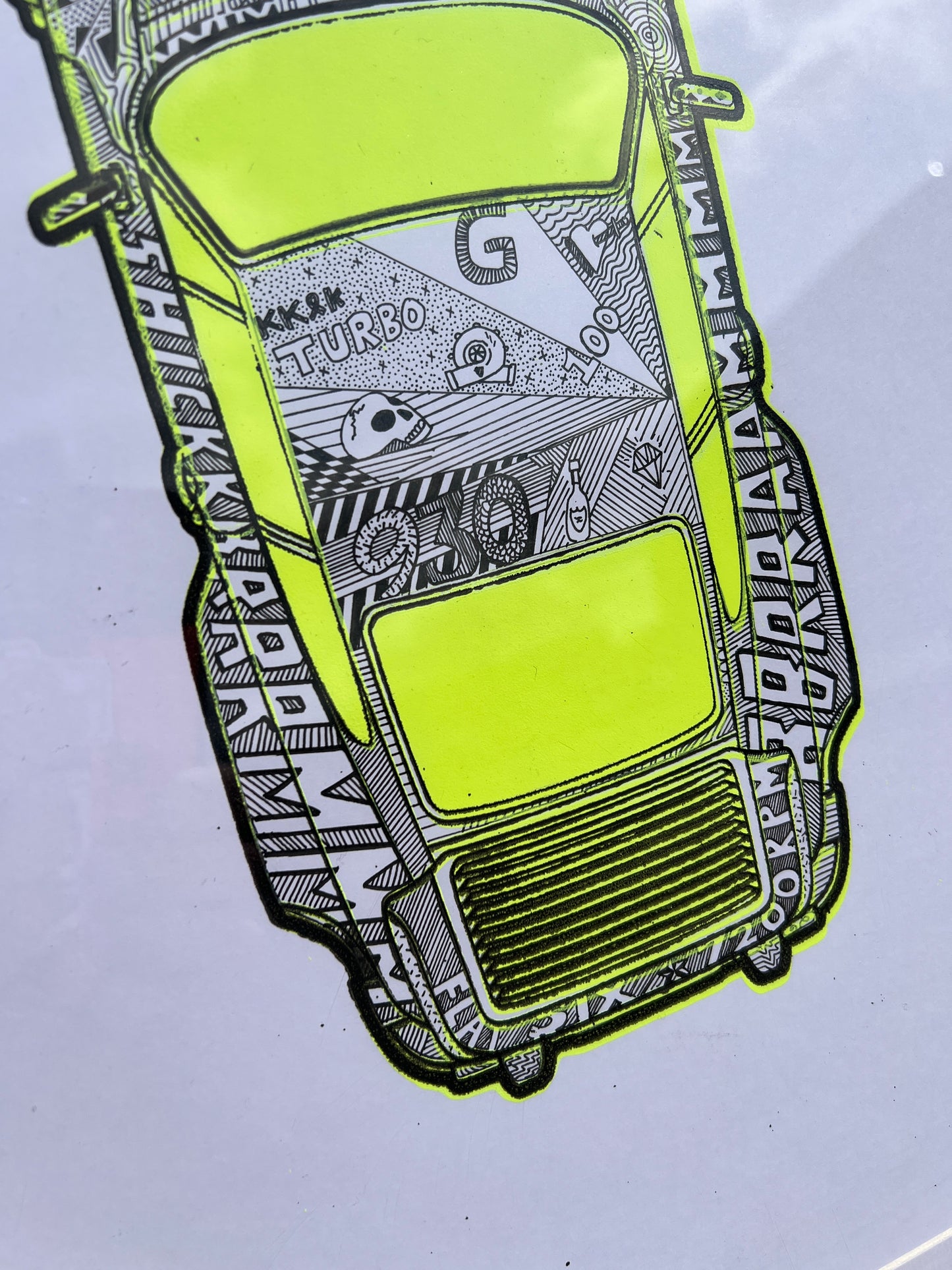 Porsche 911 Turbo - Screen Print Fluorescent Yellow with Black Hand Drawn Art