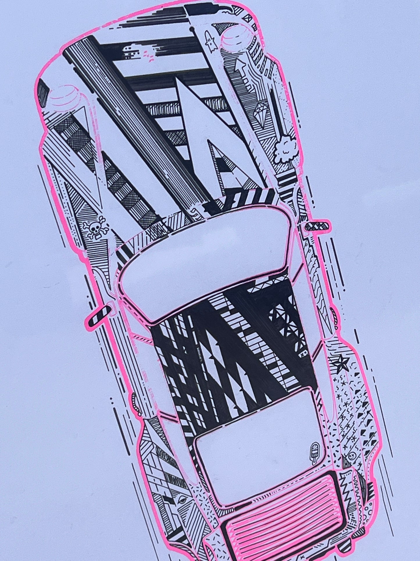 Porsche 911 Turbo - Screen Print Pink Outline with Black Line Work