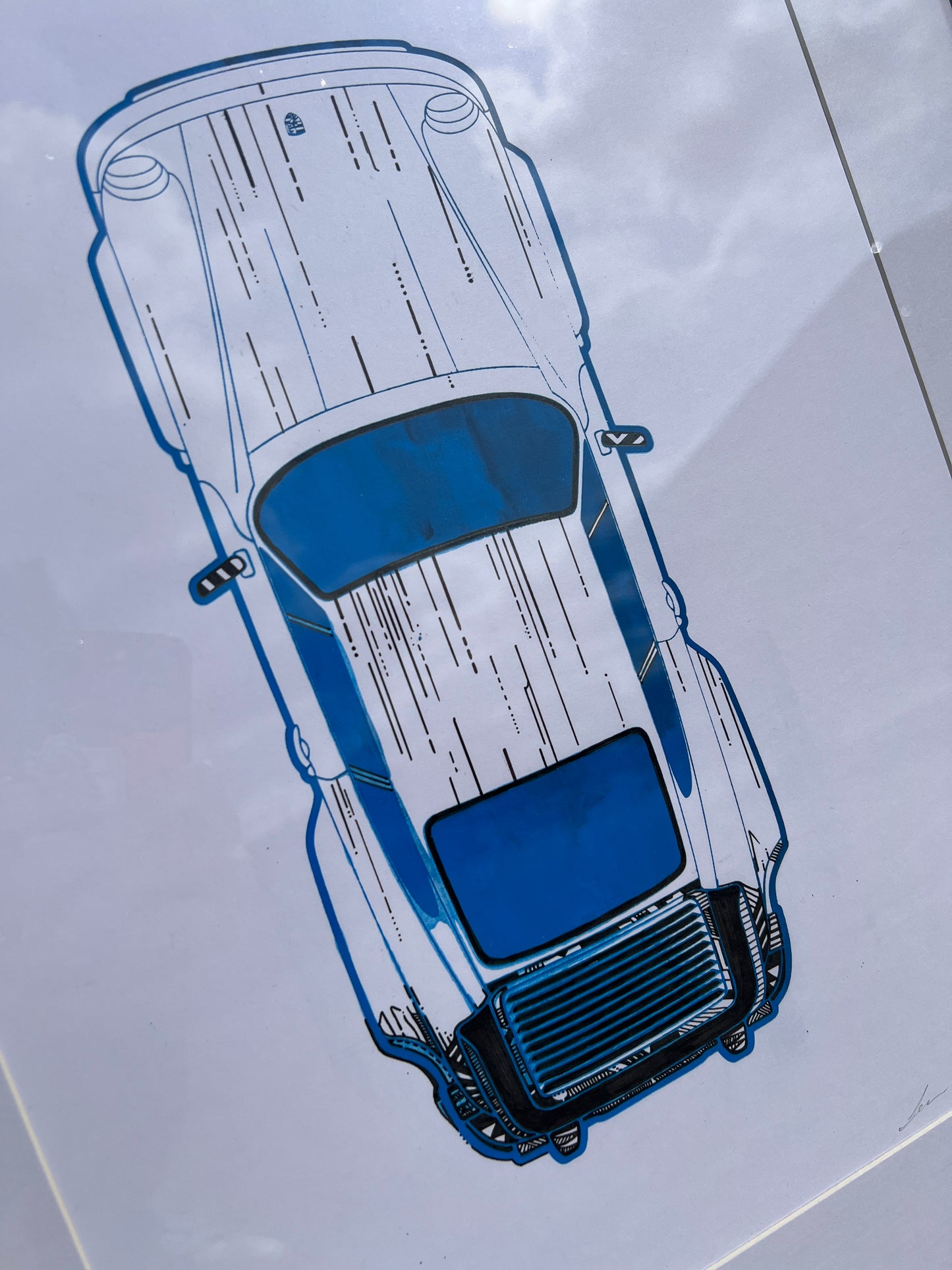 Porsche 911 Turbo - Screen Print Fluorescent Blue with Black Line art