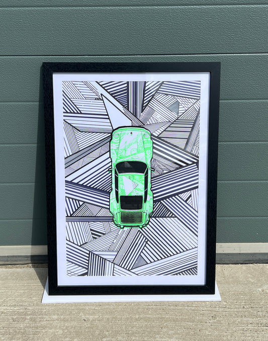Porsche 911 Turbo - Screen Print Fluorescent Green with Lined Background