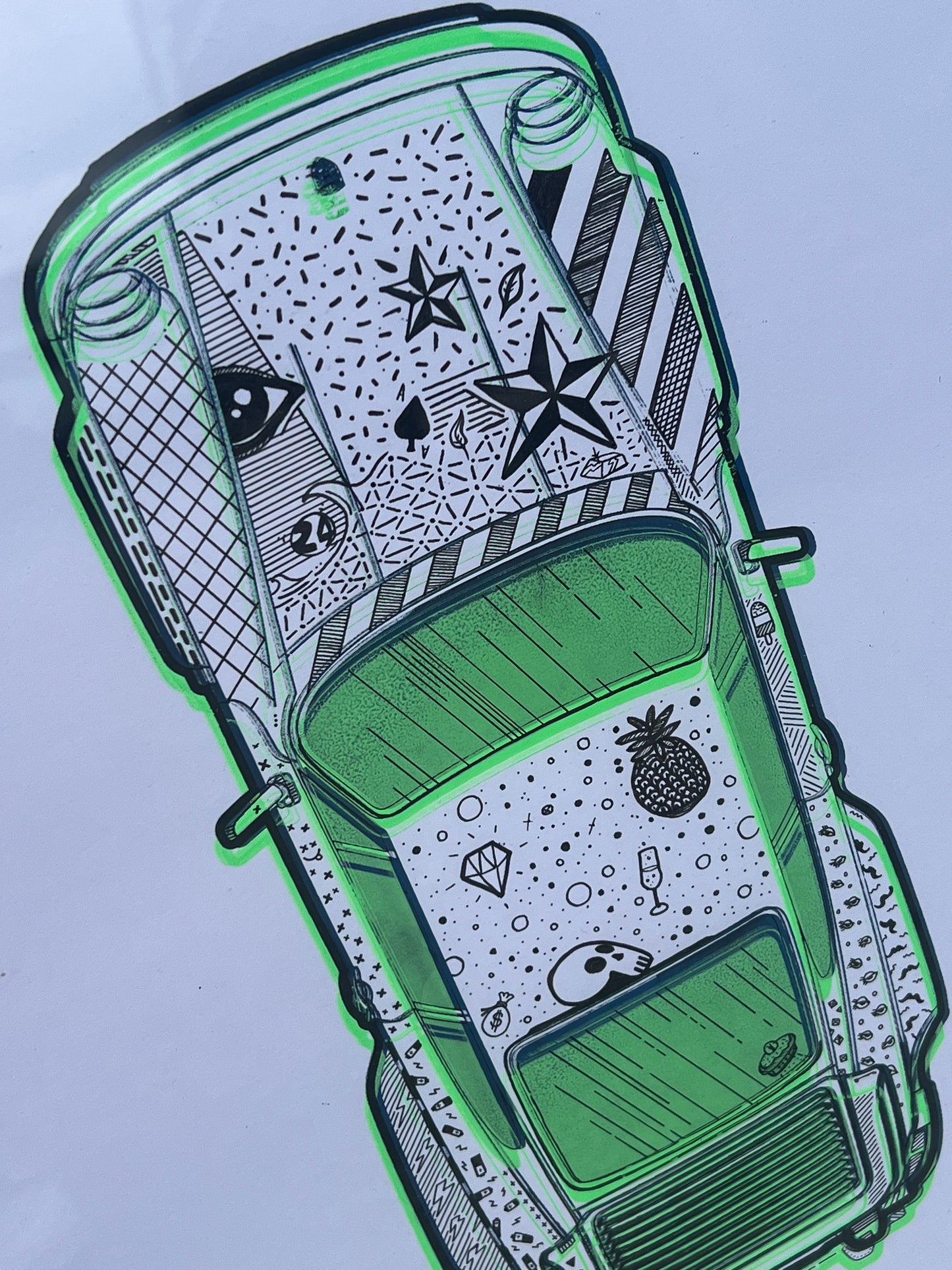Porsche 911 Turbo - Screen Print Fluorescent Green/White with Black Line Art