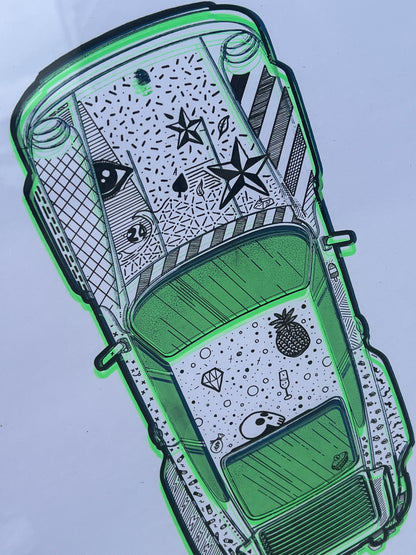 Porsche 911 Turbo - Screen Print Fluorescent Green/White with Black Line Art