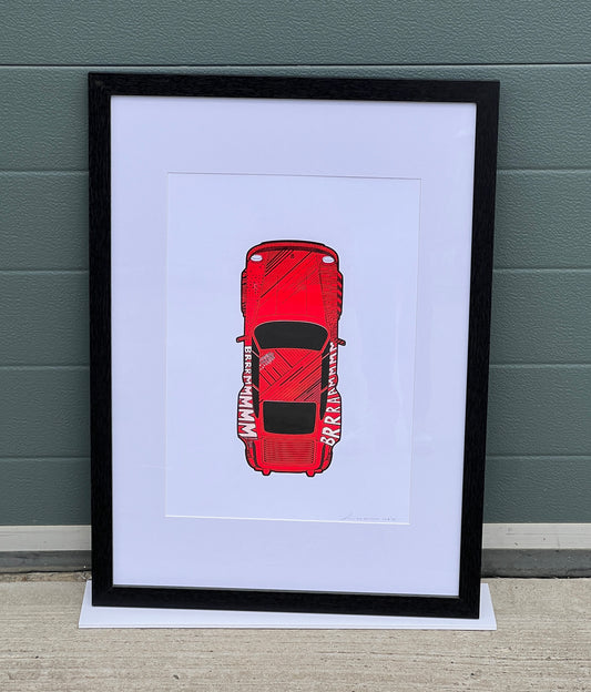 Porsche 911 Turbo - Screen Print Red with Black Hand Drawn Art
