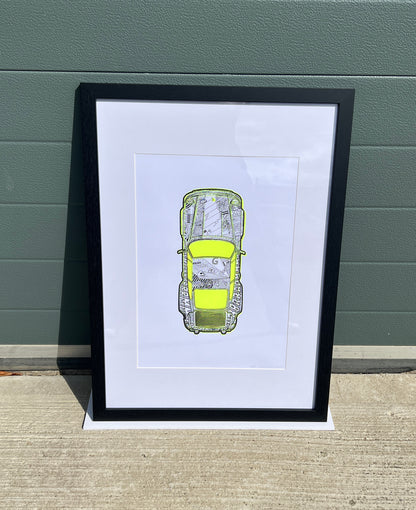 Porsche 911 Turbo - Screen Print Fluorescent Yellow with Black Hand Drawn Art