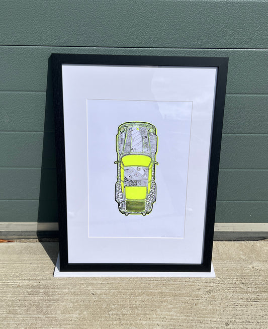 Porsche 911 Turbo - Screen Print Fluorescent Yellow with Black Hand Drawn Art
